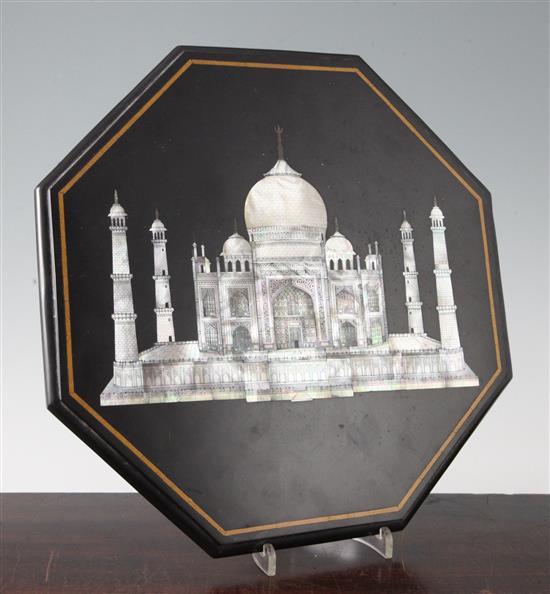 A late 19th century / early 20th century Indian mother of pearl inset hardstone plaque, depicting the Taj Mahal,